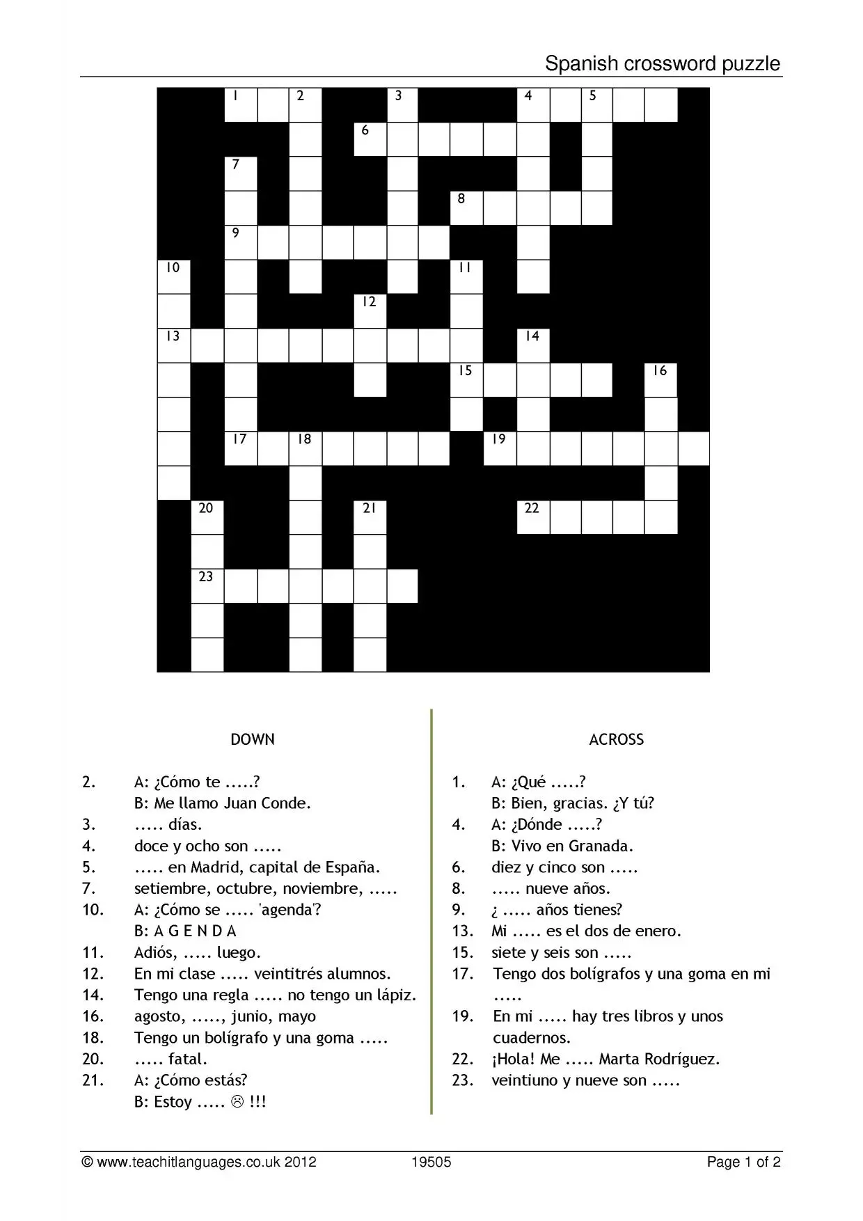 Printable Crossword Puzzles Spanish