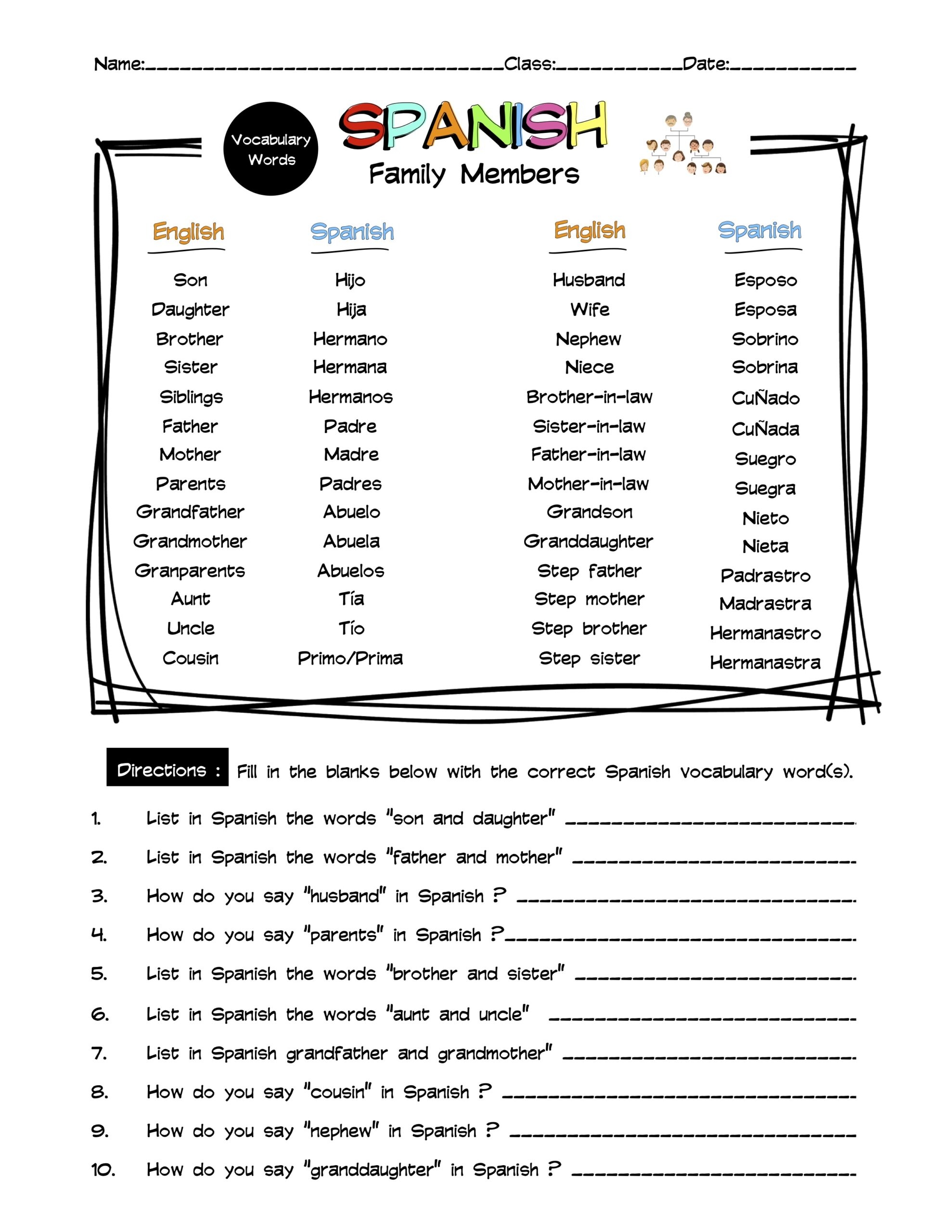 Spanish Family Members Vocabulary Word List Worksheet amp Answer Key 