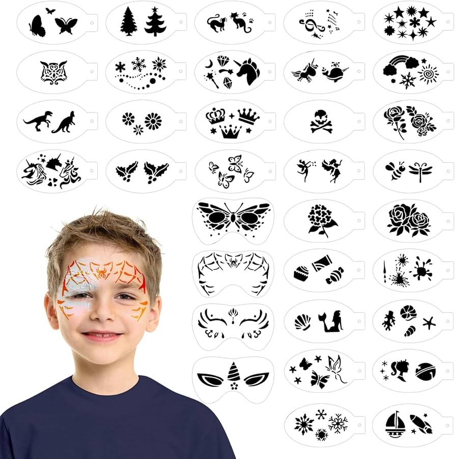 SRIZIAN Pack Of 34 Face Painting Stencils Reusable Face Paint Stencils Tattoo Stencils For Face And Body Children s Party Holiday Halloween 