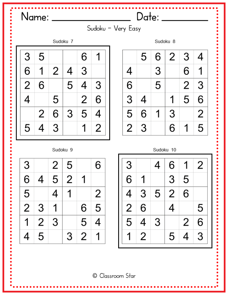Printable Sudoku Puzzles For Kids 6x6