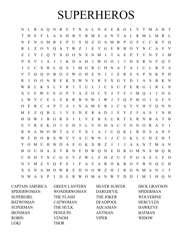 Superhero Word Search Free Printable