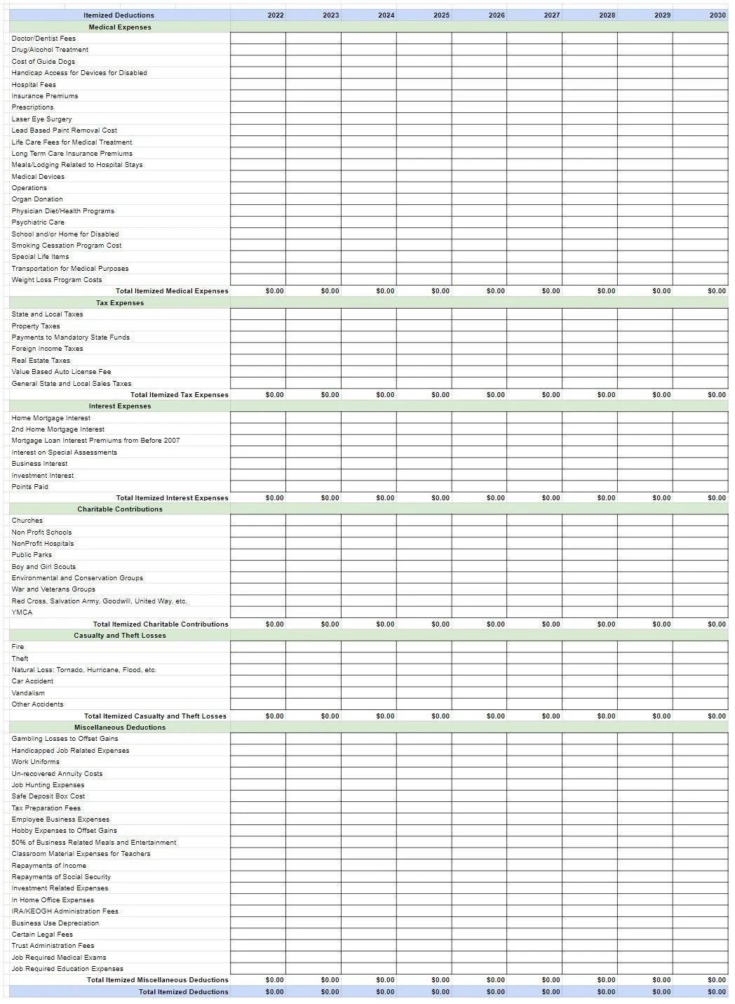 Worksheet For Itemizing Tax Deductions