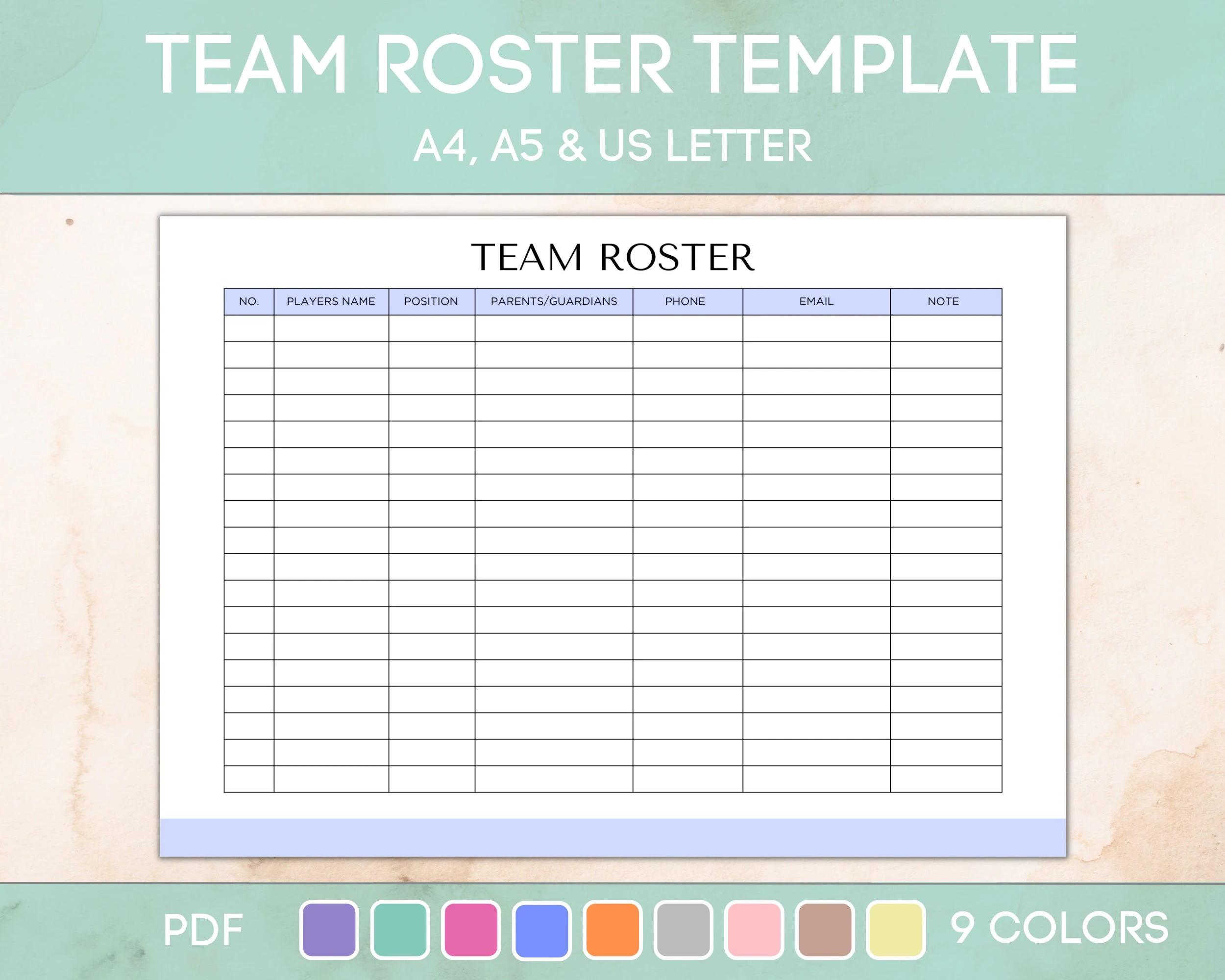Team Roster Printable Editable Sports Roster Printable Soccer 