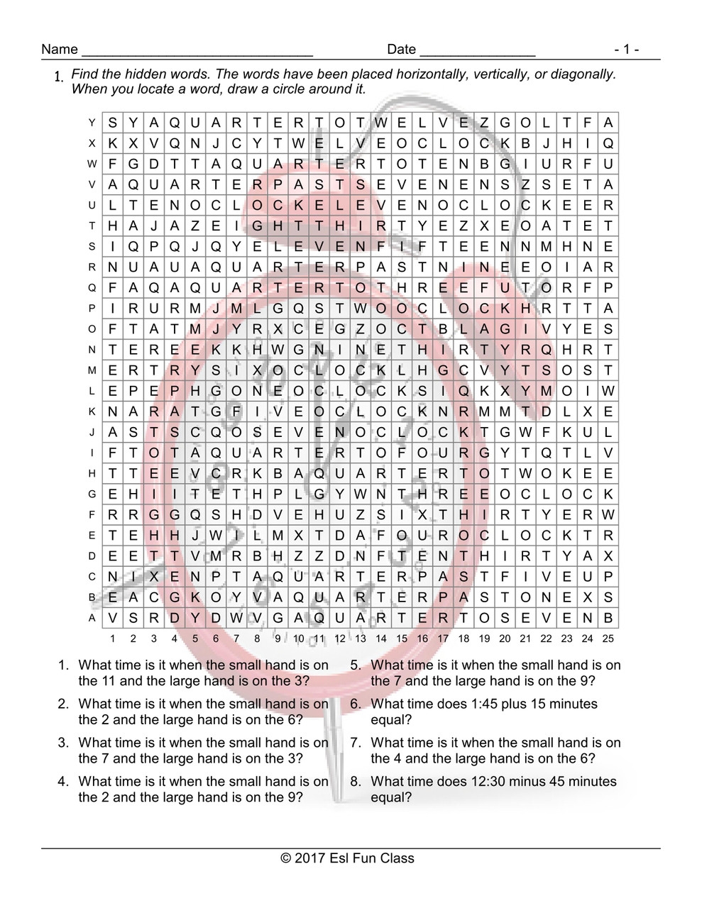 Telling Time Word Search Worksheet Amped Up Learning 