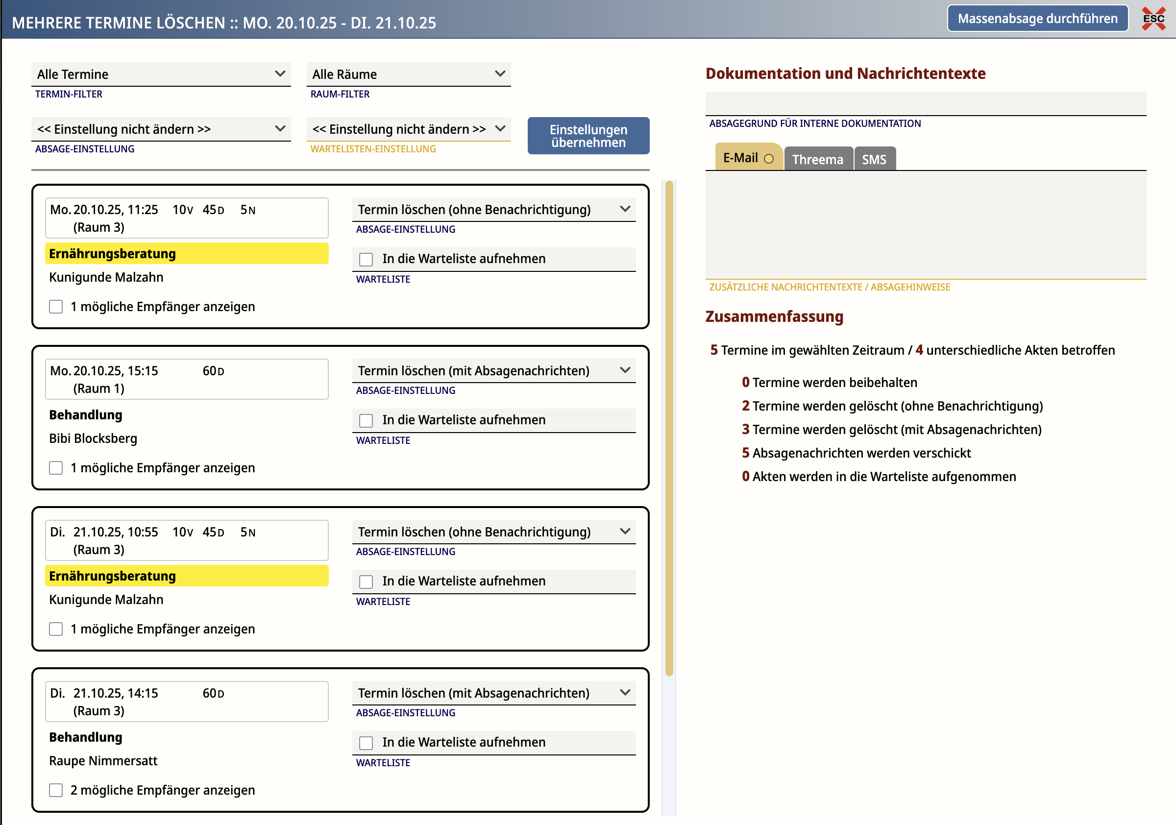Termine Massenabsage Lemniscus Helpdesk
