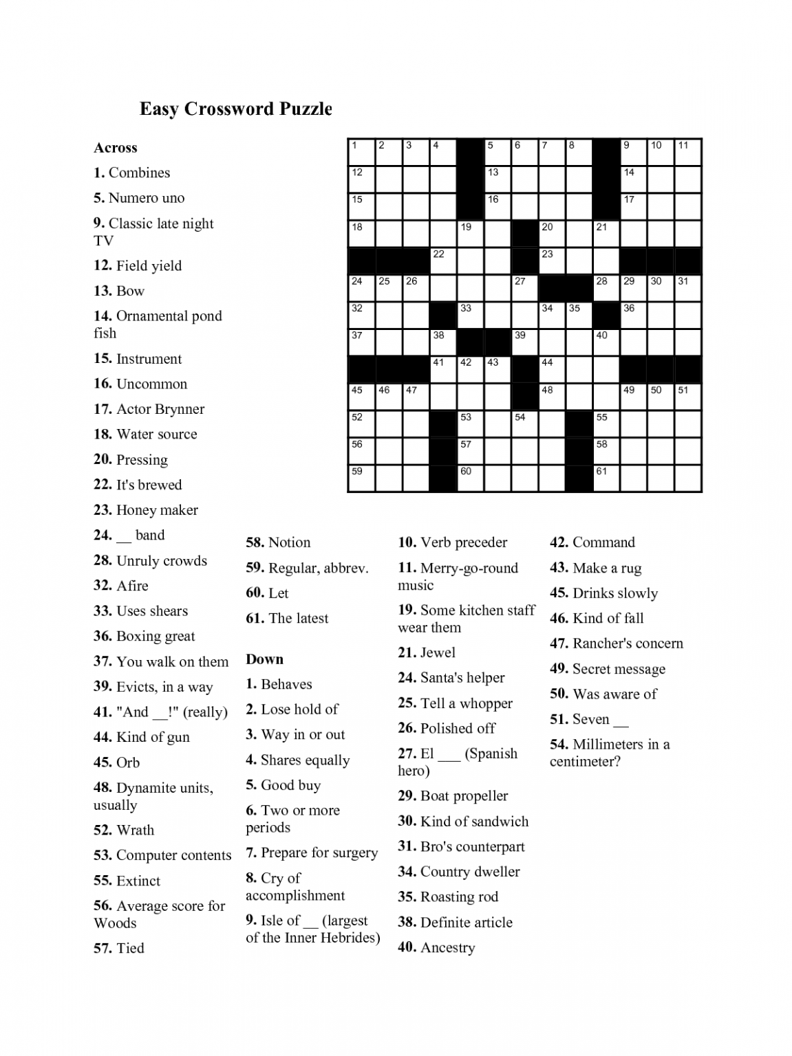 Printable Crossword Puzzles For Older Adults