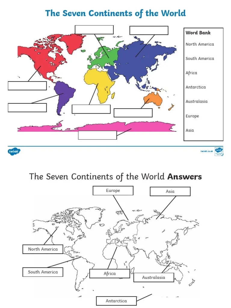 The Seven Continents Labelling Activity Worksheet PDF