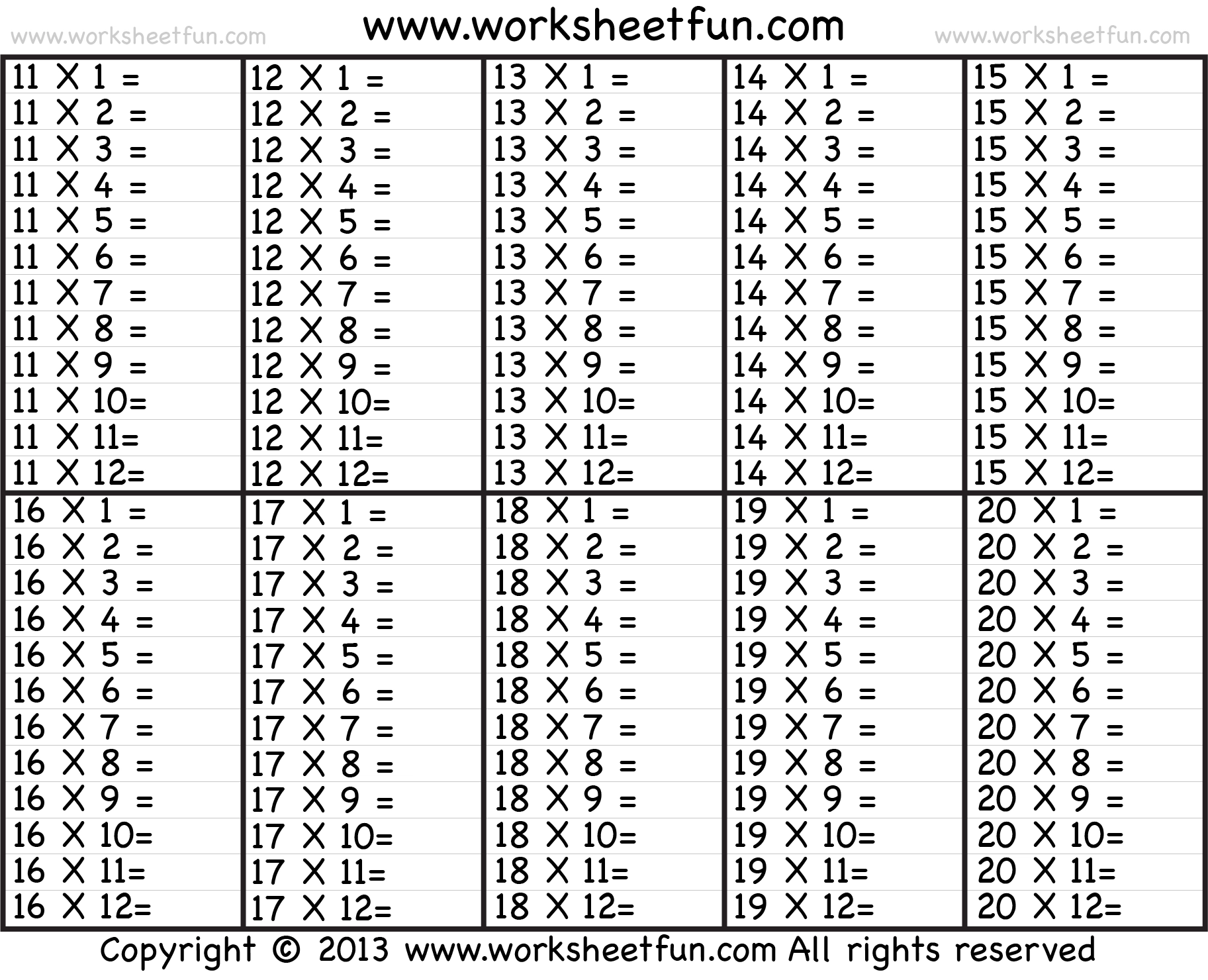 Printable Times Tables Worksheets