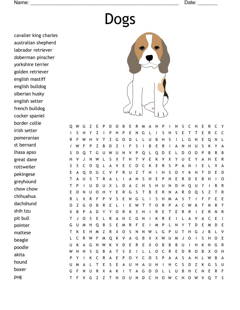 Types Of Dogs Word Search WordMint