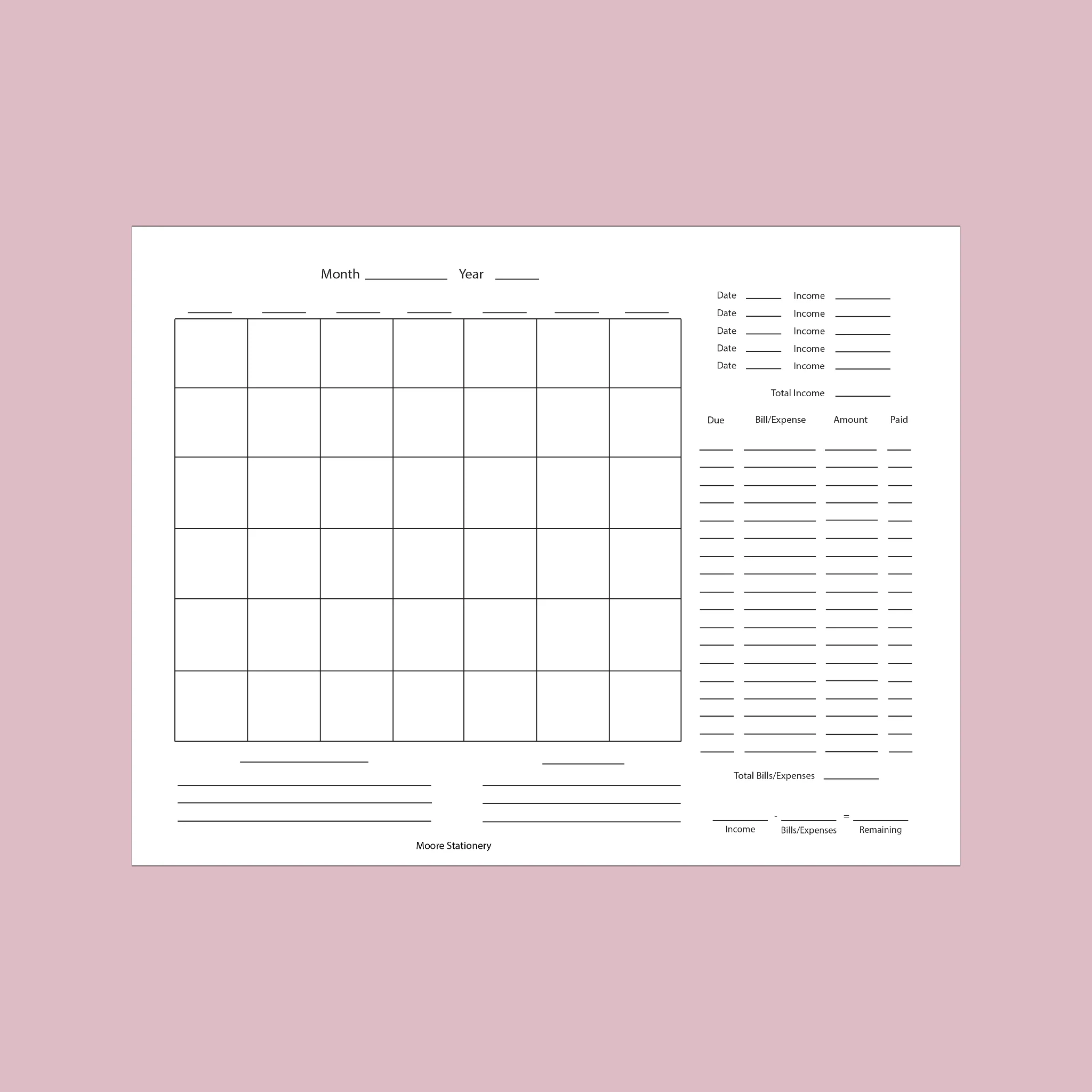 Printable Blank Calendar For Budgeting
