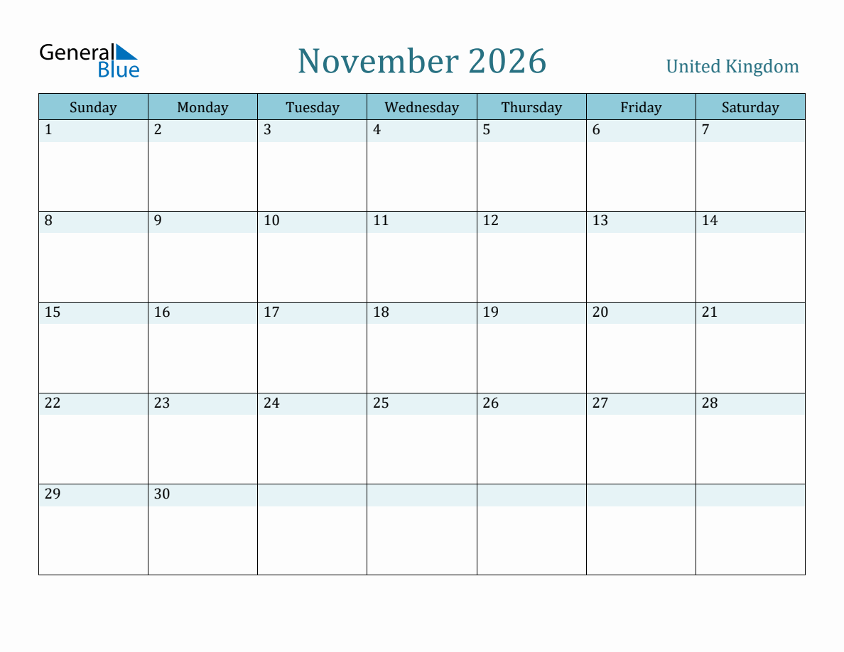 Uk Calendar Printable November 2026