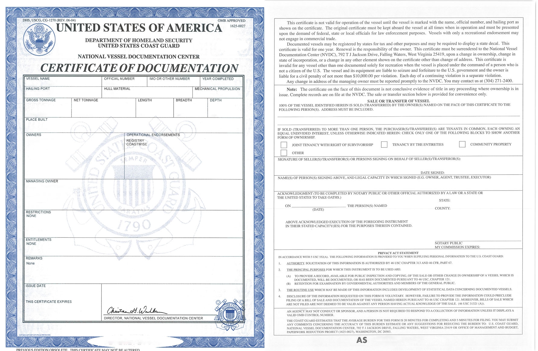 US Coast Guard Certificate Of Documentation CG 1270 American 