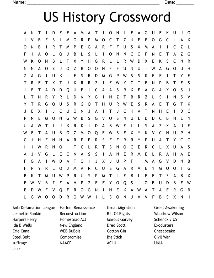 US History Crossword Word Search WordMint