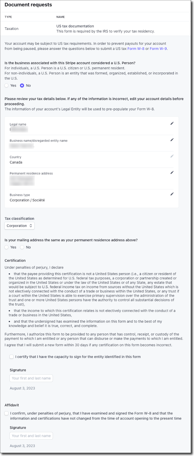 Von Stripe Erfasstes W8 Formular Und Eingeholte Eidesstattliche 