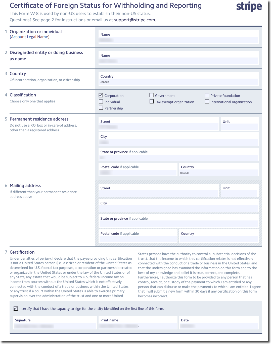 Von Stripe Erfasstes W8 Formular Und Eingeholte Eidesstattliche 