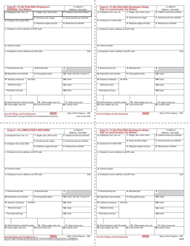 W2 Printable Form 2026 Template