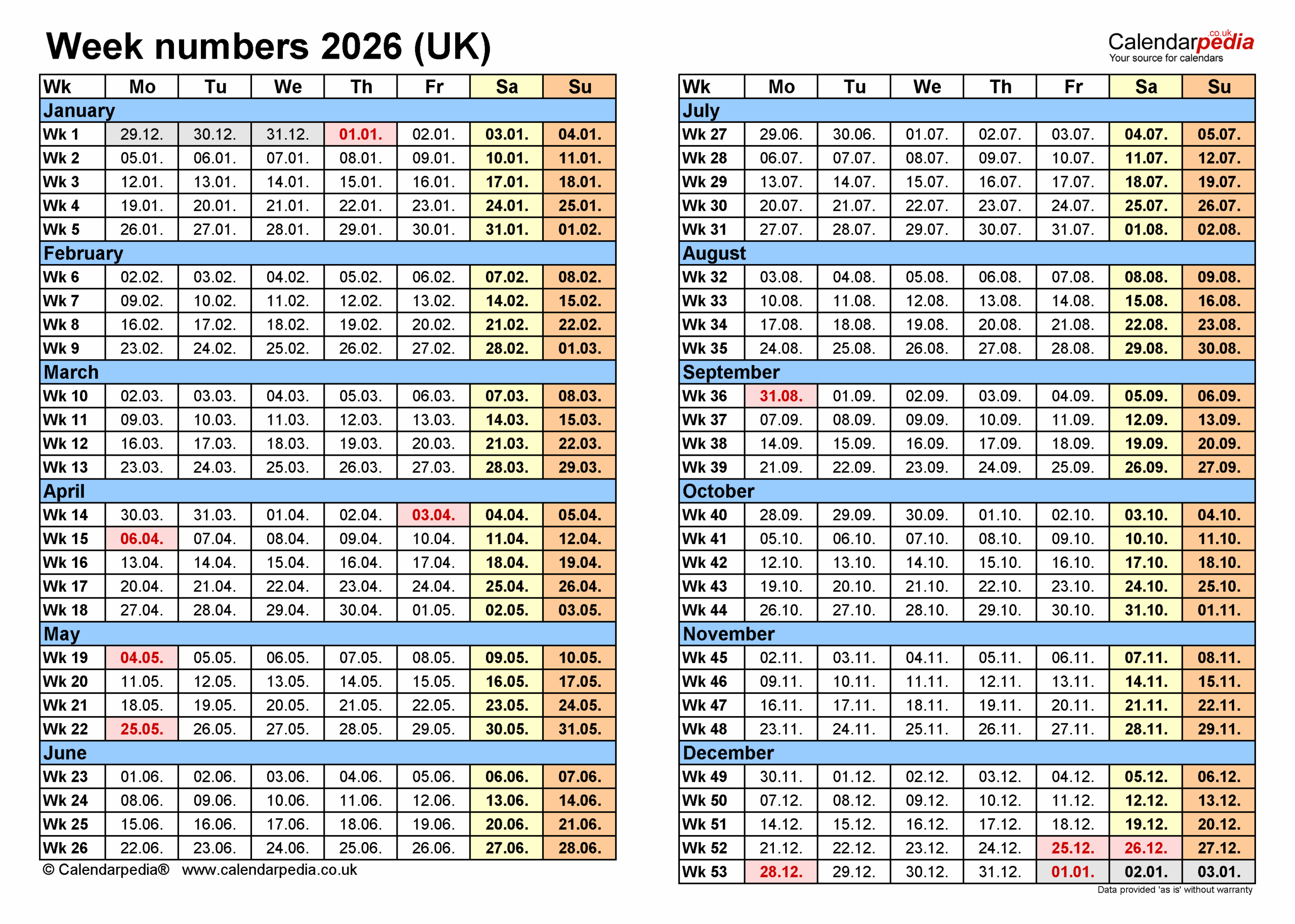 Week Numbers 2026 With PDF Excel And Word Templates