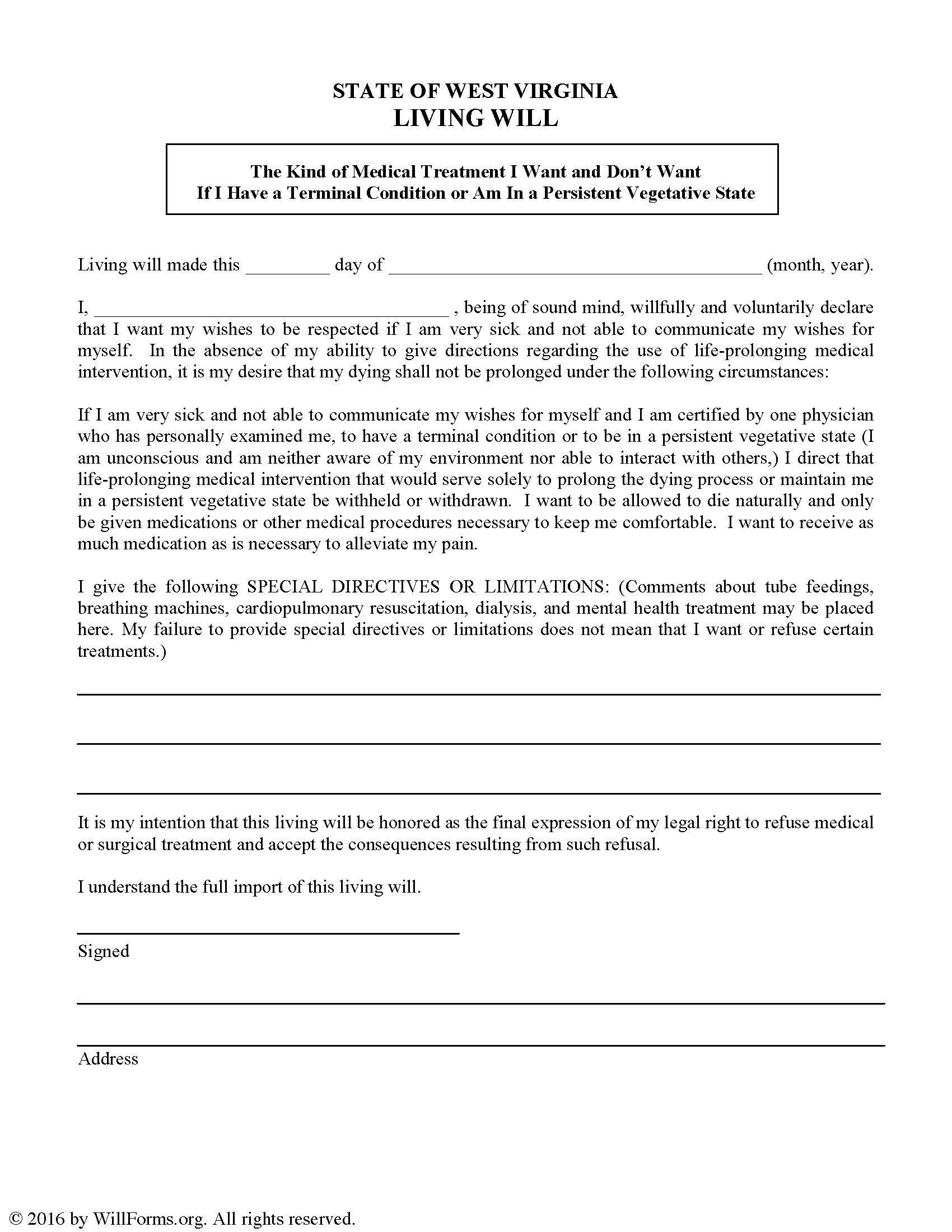 West Virginia Will Forms Last Will And Testament Living Will 