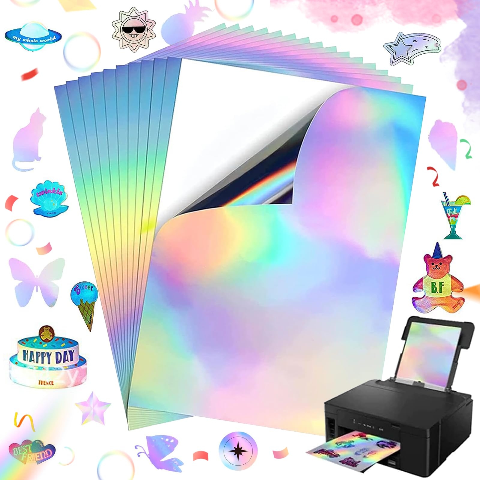 WiDream Pack Of 20 Sheets Holographic Stickers Paper Printable A4 Holographic Self Adhesive Not Transparent Vinyl Sticker Film For Inkjet Printers 