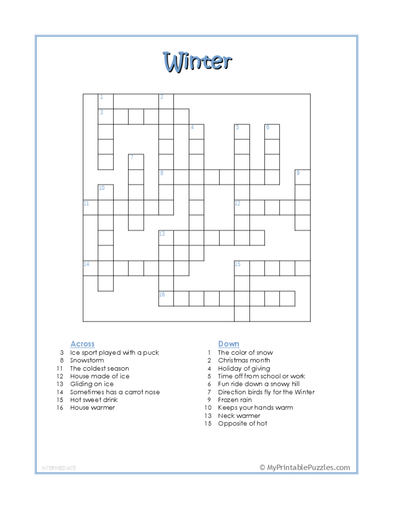 Intermediate Crossword Puzzles Printable
