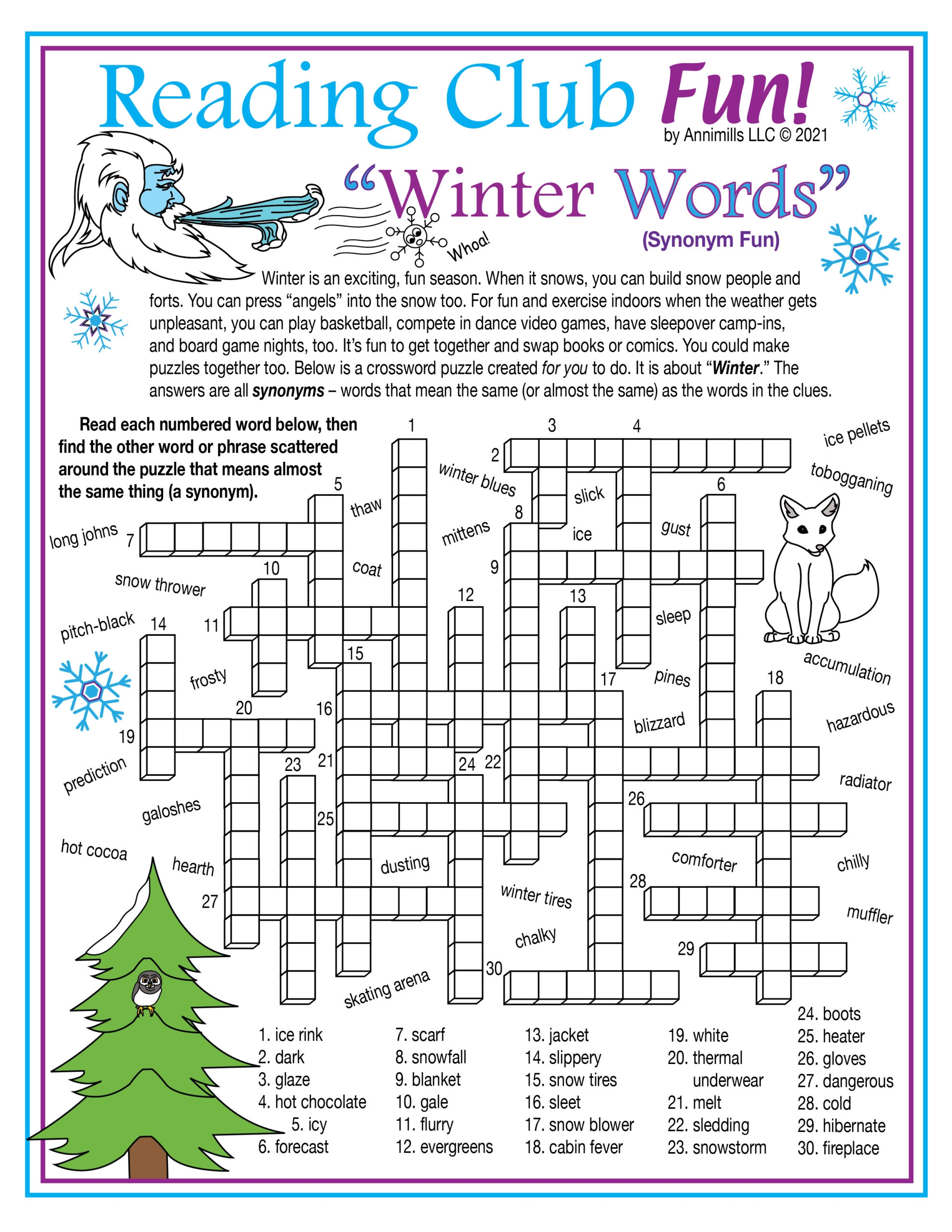 Winter Vocabulary Synonyms Printable Crossword Puzzle amp Word 