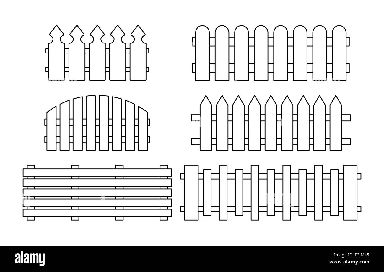 Wooden Fence Set Simple Outline Design Isolated On White Stock 