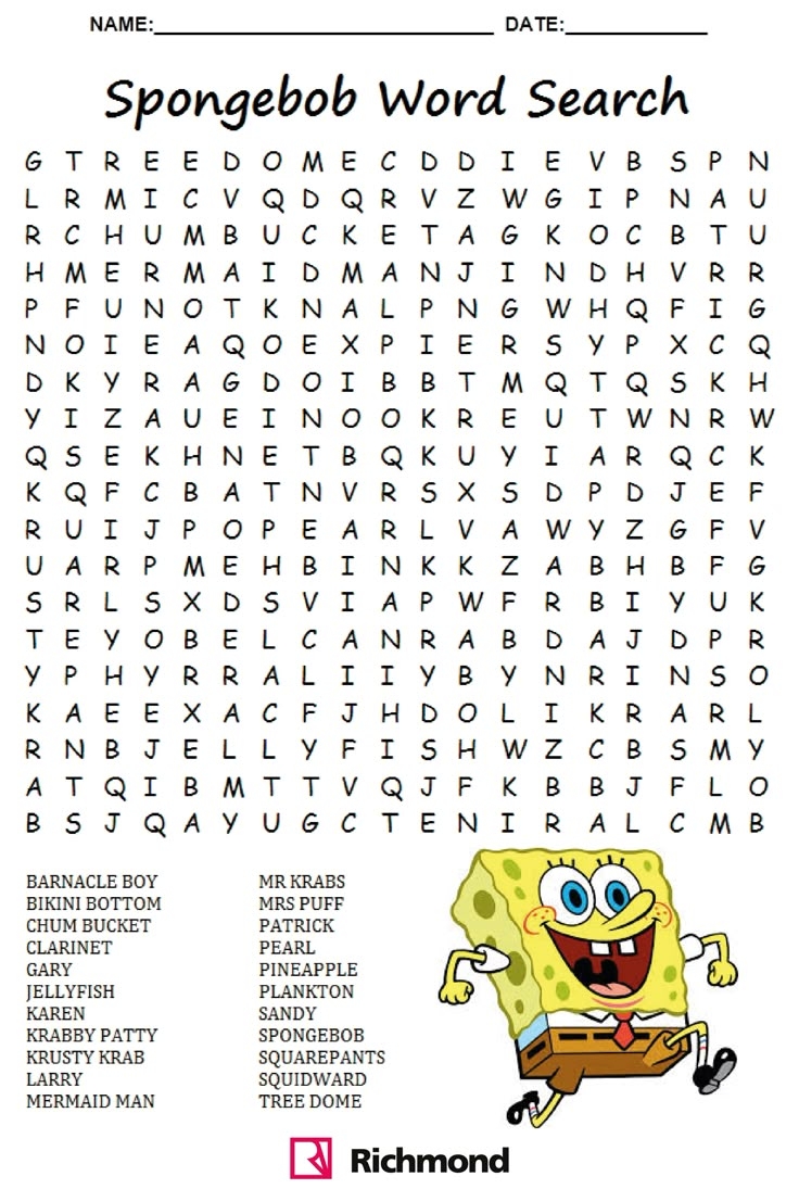 WordSearch Spongebob Time Kids Word Search Activity Sheets 