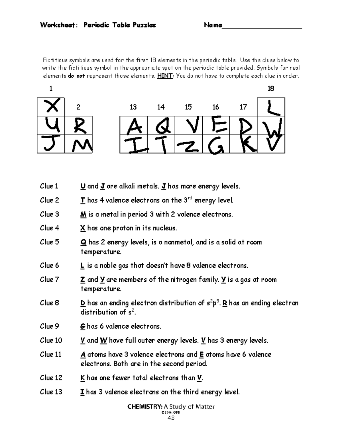 Worksheet Periodic Table Puzzles CHEM 101 Fictitious Symbols 