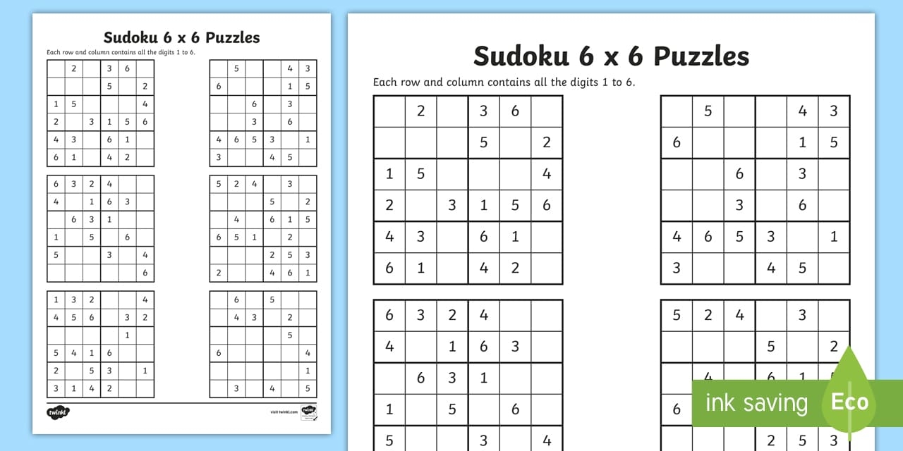 Year 6 Sudoku 6 X 6 Worksheet