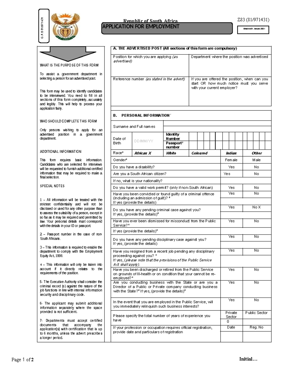 Z83 Application For Employment Republic Of South Africa Form 